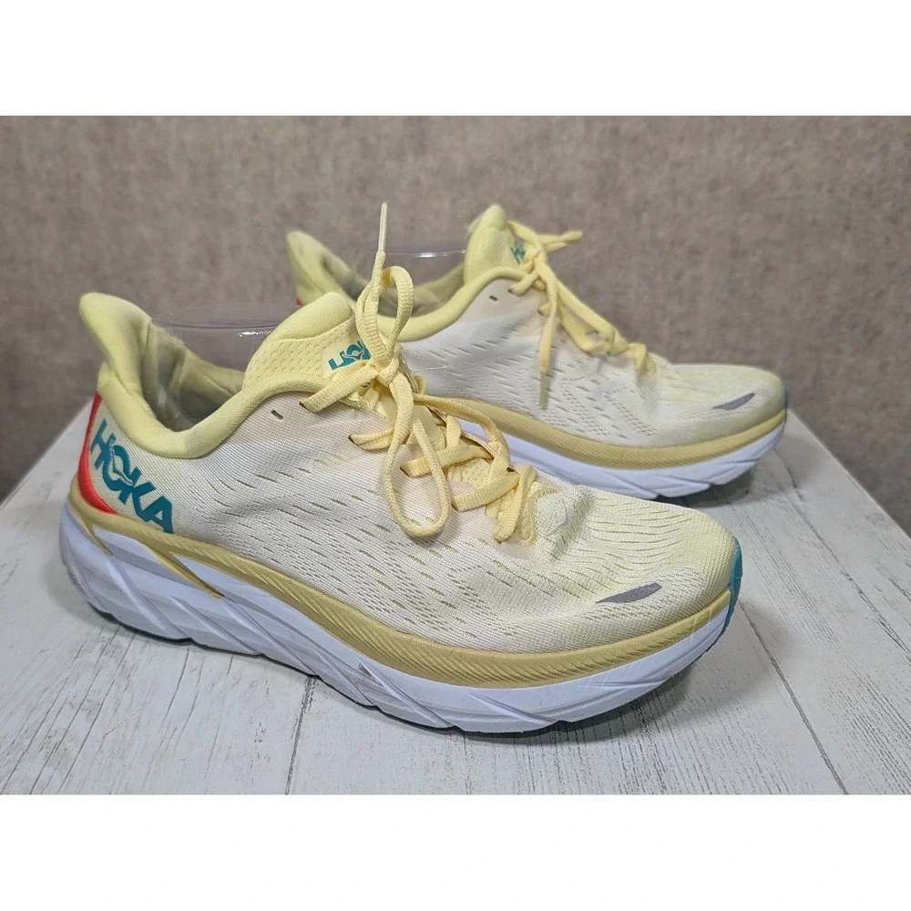 Hoka Clifton 8 Womens Running Shoes Yellow White Teal 1119394 YPSC Size 8D Wide